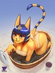 anthro bandeau bangs bathing blue_hair breasts butt clothing eyelashes eyeshadow female hair looking_at_viewer looking_up looking_up_at_viewer makeup partially_submerged solo tail topwear uraeus water hacatiko animal_crossing nintendo ankha_(animal_crossing) domestic_cat felid feline felis mammal 2023 3:4 hi_res