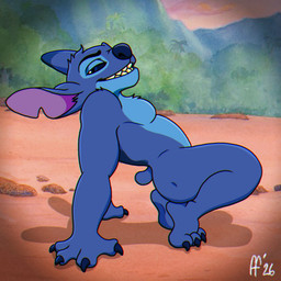 4_fingers anthro anthrofied beach blue_body blue_claws blue_eyes blue_finger_claws blue_fur blue_nose blue_toe_claws butt claws ear_markings finger_claws fingers fur grin lidded_eyes looking_aside looking_aside_at_viewer looking_at_viewer male notched_ear nude_anthro nude_male outside pecs pose purple_inner_ear sand screencap screencap_background shadow short_tail side_butt small_tail smile solo tail teeth toe_claws fabfelipe disney lilo_and_stitch stitch_(lilo_and_stitch) alien experiment_(lilo_and_stitch) 1:1 2026 chromatic_aberration digital_drawing_(artwork) digital_media_(artwork) hi_res