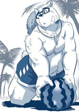 anthro belly clothing eyewear food fruit glasses hat headgear headwear humanoid_hands kemono male melon moobs plant slightly_chubby solo straw_hat watermelon raozone lifewonders tokyo_afterschool_summoners volos_(tas) bear mammal 2021 hi_res monochrome