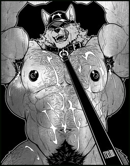 abs anthro areola armpit_hair biceps big_muscles black_border bodily_fluids body_hair border chest_hair collar cum cum_on_chest cum_on_face cum_on_leg first_person_view forearm_muscles furgonomic_hat furgonomic_headwear furgonomics genital_fluids hands_above_head leash leash_pull leashed_collar licking licking_lips looking_at_viewer male muscular muscular_anthro muscular_male navel nipples obliques pubes serratus solo text tongue tongue_out vein veiny_muscles revelion romulus_(revelion) canid canine canis mammal wolf 2026 artist_name black_and_white hi_res monochrome