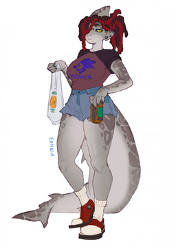 5_fingers anthro big_breasts biped bottomwear breasts brown_hair can clothed clothing container denim denim_bottomwear denim_clothing denim_shorts dreadlocks ear_piercing female female_anthro fin fingers footwear front_view fully_clothed grey_body hair head_fin holding_bag holding_can holding_container holding_object humanoid_hands looking_at_viewer monotone_background multicolored_hair non-mammal_breasts piercing red_hair shirt shoes shorts simple_background solo standing t-shirt tail tail_fin text topwear two_tone_hair white_background yellow_eyes mozes.ipg helena_(dallypup) aquatic fish requiem_shark shark tiger_shark artist_name digital_drawing_(artwork) digital_media_(artwork) hi_res signature