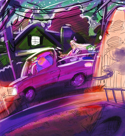 ambiguous_anthro ambiguous_gender ambiguous_humanoid anthro baseball_uniform big_eyes black_ears black_hair blue_eyes breasts bridge building cable cast_shadow chimney clenched_teeth clothed clothed_anthro clothed_female clothed_humanoid clothed_male clothing cloud detailed_background dot_pupils driving driving_truck electrical_pole electrical_wire exhaust_smoke eyelashes female female_anthro fence grass green_eyes green_hair green_sky hair headlight holidays house jumping light light_truck long_hair male male_humanoid midair multicolored_eyes multicolored_sky night orange_eyes outside pickup_truck pink_body pink_cloud pink_ears plant purple_sky railing ringed_eyes satellite_dish shadow shirt shooting_star short_hair sky smoke sportswear star starry_sky street street_lamp teeth tire topwear truck two_tone_sky uniform vehicle wheel white_body white_clothing white_hair white_shirt white_topwear wide_eyed window wire wood wood_fence sunibee halloween animal_humanoid humanoid 2022 colored_sketch digital_drawing_(artwork) digital_media_(artwork) english_description hatching_(art) hi_res lighting shaded sketch