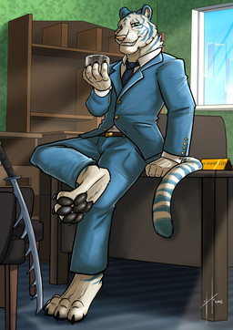 anthro barefoot beverage black_claws black_pawpads blue_clothing blue_sky blue_stripes blue_suit claws clothed clothing day desk feet fur furniture green_eyes grin holding_beverage holding_object inside looking_at_viewer male male_anthro markings melee_weapon pawpads pink_nose sitting sky smile solo striped_body striped_fur striped_markings striped_neck striped_tail stripes suit sword table tail tail_markings toe_claws weapon white_body white_fur window hufnaar felid mammal pantherine tiger 2018 dated hi_res