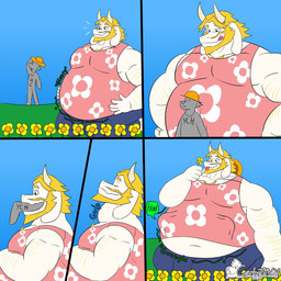 abdominal_bulge anthro beard belly big_belly blonde_hair duo facial_hair hair horn male male_pred mature_male musclegut muscular muscular_male oral_vore pecs rumbling_stomach size_difference struggling struggling_prey vore carlostxwild undertale_(series) asgore_dreemurr ych_(character) bovid caprine goat mammal 1:1 comic hi_res