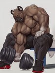 abs anthro areola barazoku bench bent_over biceps big_bulge big_muscles bodily_fluids bottomwear bulge claws clothed clothing deltoids dumbbell exercise eyebrows footwear fur grey_background holding_object huge_muscles male manly muscular muscular_anthro muscular_male narrowed_eyes nipples one_eye_closed pants pecs shadow shoes simple_background sitting socks solo sweat thick_thighs tight_bottomwear tight_clothing tight_pants topless topless_anthro topless_male triceps tuft vein veiny_muscles weight_bench weightlifting weights workout oldshep aggretsuko sanrio haida_(aggretsuko) hyena mammal spotted_hyena 2024 absurd_res hi_res signature