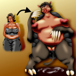 anthro before_and_after big_breasts bodily_fluids breasts brown_hair claws directional_arrow eyewear female genital_fluids genitals glasses hair hand_on_breast human_to_anthro looking_at_viewer navel nipples open_mouth overweight overweight_female sequential_arrow simple_background smile solo species_transformation standing transformation vaginal_fluids vulva weight_gain mankor eulipotyphlan human mammal mole_(animal) 1:1 2016 hi_res