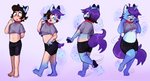 anthro barefoot base_one_layout basic_sequence big_tail black_hair blue_body blue_fur breast_growth breasts clothing collar eyewear feet female flat_chested four_frame_image four_frame_sequence fur glasses growth hair happy horn horn_growth human_to_anthro linear_sequence one_row_layout purple_hair shirt smile solo sparkles species_transformation standing tail tail_growth topwear transformation transformation_sequence weight_gain pawberry tammy_(tammycat) domestic_cat felid feline felis human mammal 2020 hi_res sequence