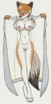 areola black_nose breasts claws clothed clothing female flashing fur genitals hair looking_at_viewer nipples one_eye_closed partially_clothed pussy solo wink ratofblades canid canine canis coyote mammal