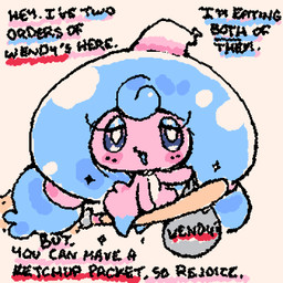 ambiguous_gender ambiguous_humanoid biped black_text blue_body blue_eyeshadow blush chibi eyelashes eyeshadow featureless_feet featureless_hands feet flying_broom grey_eyes holding_bag humor looking_at_viewer makeup multicolored_body no_sclera noseless open_mouth pink_body pseudo_hat pupils solo squigglevision talking_to_viewer text white_pupils ligma_(artist) nintendo pokemon wendy's generation_8_pokemon hattrem humanoid pokemon_(species) 1:1 2026 animated digital_drawing_(artwork) digital_media_(artwork) english_text handwritten_text wigglypaint_(artwork)