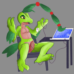 anthro chair computer electronics feral furniture male office_chair slit_penis solo text taloncreature nintendo pokemon talon_grovyle generation_3_pokemon grovyle humanoid pokemon_(species) english_text hi_res