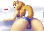 antennae_(anatomy) anthro bent_over big_butt black_nose blonde_hair blue_bra blue_clothing blue_eyes blue_panties blue_underwear blush bra butt butt_focus camel_toe clothing female frown fur grey_background hair looking_at_viewer looking_back no_pupils panties plump_camel_toe rear_view simple_background solo speech_bubble tan_antennae tan_body tan_fur thick_thighs tight_clothing underwear yellow_body yellow_fur mr-shin zharar_(mr-shin) alien canid canine mammal 2022 hi_res