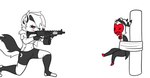 anthro assault_rifle black_nose blood bodily_fluids bottomwear bound bow_tie cartoon_violence cheek_tuft clothing duo eyebrow_piercing eyebrows eyelashes facial_hair facial_piercing facial_tuft female firing_weapon footwear fur grey_body grey_fur gun hair horn humor kneeling male navel notched_ear piercing ranged_weapon red_body red_eyes rifle shooting shorts sideburns smile socks striped_horn stripes suit tail teeth tuft violence weapon white_body white_fur white_hair wiggle x_eyes half_dime helluva_boss mythology loona_(helluva_boss) moxxie_(helluva_boss) canid canid_demon canine canis demon domestic_dog hellhound humanoid husky imp mammal mythological_canine mythological_creature nordic_sled_dog spitz animated hi_res meme short_playtime