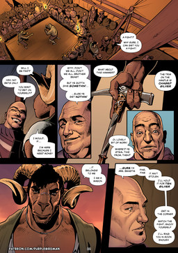 anthro arm_scar bald big_mustache black_hair brown_body brown_eyes chest_scar clothing detailed_background dialogue eyebrows facial_scar fantasy fantasy_weapon fight fighting_ring frown frowning_at_viewer green_clothing green_shirt green_topwear grin group hair hammer high-angle_view holding_hammer holding_melee_weapon holding_object holding_tool holding_weapon inside looking_at_another looking_at_viewer male melee_weapon muscular muscular_anthro muscular_arms muscular_male pale_skin purple_clothing purple_topwear scar shirt smile speech_bubble surprised teeth teeth_showing tent text thick_eyebrows tools topwear weapon purplebirdman roshim_(purplebirdman) bovid caprine goat human mammal sheep 2023 better_version_at_source colored comic detailed english_text shaded url