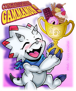 anthro award blush candy chocolate dessert doughnut food fruit horn male pastry plant smile solo strawberry trophy white_body nickpeppermint bandai_namco digimon digimon_(species) gammamon scalie hi_res