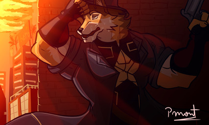 afternoon anthro bodily_fluids breath building clothed clothing cloud detailed_background fur hat headgear headwear holding_object holding_weapon male multicolored_body multicolored_fur muscular muscular_anthro muscular_male panting sheriff solo sweat weapon pinumontbalou lifewonders live_a_hero barrel_(live_a_hero) canid canine canis mammal wolf 5:3 hi_res