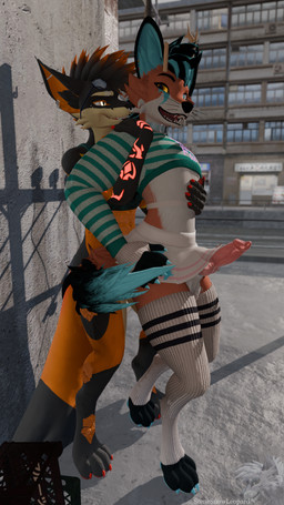 alley animal_genitalia animal_penis anthro antlers ball_tuft balls black_body black_fur black_hair blue_body blue_eyes blue_fur blue_hair blue_pawpads bottomless bottomwear canine_genitalia canine_penis clothed clothing crop_top cropped_sweater duo ear_piercing erection erection_under_skirt exhibitionism eyebrow_piercing facial_piercing fishnet_clothing fishnet_shirt fishnet_topwear fur genitals glowing glowing_markings hair horn industrial_piercing legwear male male/male markings nose_piercing nose_ring orange_body orange_eyes orange_fur orange_hair orange_scales outside pawpads penis piercing pink_penis public public_nudity public_sex red_markings red_pawpads ring_piercing scales sex shirt skirt stockings tan_body tan_fur topwear tuft white_body white_fur yellow_eyes sanythefox somesnowleopard kinktober kinktober_2025 mythology canid canine dragon fox hybrid mammal mythological_creature mythological_scalie scalie 3d_(artwork) 4k 9:16 absurd_res blender_(artwork) blender_eevee_(artwork) digital_media_(artwork) hi_res