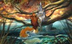 anthro breasts brown_hair day detailed_background duo featureless_breasts female female/female forest fur grey_body grey_fur hair nude outside partially_submerged plant sitting smile standing tree elkir gimka canid canine canis mammal wolf 2022 digital_media_(artwork) hi_res