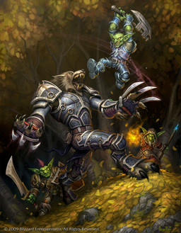 angry anthro armor axe beard belt black_hair brown_body brown_fur claws facial_hair fight fur green_body group hair holding_axe holding_melee_weapon holding_object holding_shield holding_staff holding_sword holding_weapon hood humanoid_pointy_ears jumping magic male melee_weapon open_mouth plant pointy_ears ponytail purple_hair sharp_teeth shield size_difference staff sword teeth tree weapon glenn_rane blizzard_entertainment warcraft canid goblin humanoid mammal werecanid werecreature worgen 2009 cover hi_res magazine_cover official_art
