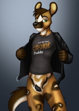 andromorph animal_genitalia animal_vulva anthro biped black_clothing black_jacket black_nose black_topwear bottomless bottomless_andromorph bottomless_intersex brown_eyes brown_hair canine_genitalia canine_vulva clothed clothing eyebrows front_view genitals hair intersex jacket looking_aside mottled presenting shirt short_hair simple_background solo standing tan_body text text_on_clothing text_on_shirt text_on_topwear topwear vulva danaume african_wild_dog canid canine mammal 2025 english_text hi_res