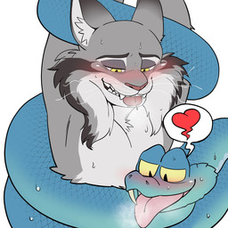 anthro blue_body blue_scales blush bound duo feral fur grey_body grey_fur heart_symbol male male/male scales tongue tongue_out mayar disney zootopia gary_de'snake pawbert_lynxley canada_lynx felid feline lynx mammal pit_viper reptile scalie snake viper 1:1 absurd_res hi_res
