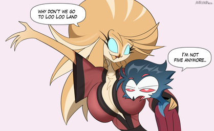 anthro biped blue_eyes breasts cleavage clothed clothing dialogue duo female fingers grey_body hollow_eyes male open_mouth red_sclera simple_background speech_bubble text tongue white_body white_eyes yellow_body markmanez hazbin_hotel hellaverse helluva_boss speaker_of_god_(hazbin_hotel) stolas_(helluva_boss) avian bird demon owl owl_demon absurd_res english_text hi_res