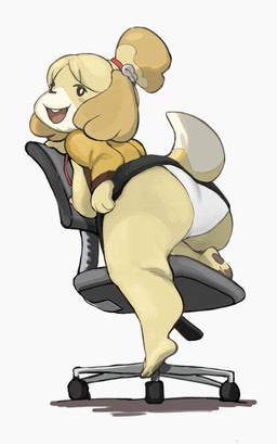 anthro bottomwear breasts butt cardigan chair clothed clothing feet female furniture kneeling light_blush long_sleeves nipples office_chair on_one_knee open_clothing open_topwear panties pawpads presenting presenting_hindquarters simple_background skirt slightly_chubby solo swivel_chair tail three-quarter_view topwear underwear white_background white_clothing white_panties white_underwear totonpe animal_crossing nintendo isabelle_(animal_crossing) canid canine canis domestic_dog mammal shih_tzu toy_dog hi_res