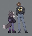 anthro boots bottomwear brown_hair clothing duo facial_hair footwear fur hair jacket male pants red_eyes shoes simple_background topwear raspbeary konami metal_gear nintendo star_fox solid_snake wolf_o'donnell canid canine canis human mammal wolf 2019 crossover hi_res