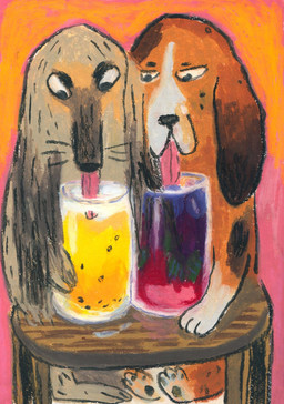 ambiguous_gender anthro beverage black_nose container cup drinking drinking_glass duo floppy_ears fur furniture glass glass_container glass_cup grey_body grey_fur lapping lemonade lop_ears nude orange_body orange_fur paws pink_tongue semi-anthro sitting snout table tongue whiskers osier_forest canid canine canis domestic_dog mammal 2023 hi_res painting_(artwork)