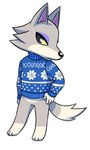 anthro biped blue_clothing blue_sweater blue_topwear bottomless bottomless_anthro bottomless_male clothed clothing countershade_fur countershading dipstick_tail fur grey_body grey_fur male markings simple_background snowflake_print solo sweater tail tail_markings topwear white_background yellow_sclera angelicmissmarie animal_crossing nintendo fang_(animal_crossing) canid canine canis mammal wolf 2020 digital_drawing_(artwork) digital_media_(artwork) full-length_portrait hi_res portrait