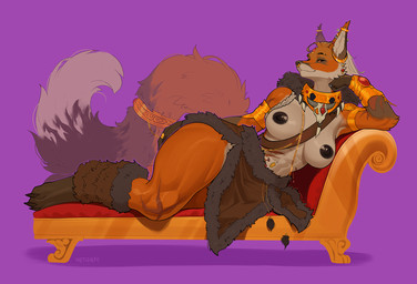 anthro areola armor big_breasts biped black_areola black_nipples black_sclera breasts brown_body brown_fur claws digitigrade ear_piercing facial_piercing female female_anthro fluffy fluffy_tail fur fur_clothing fur_collar gorget industrial_piercing lying multicolored_body multicolored_fur nipples nose_piercing nose_ring on_side orange_body orange_fur paws piercing ring_piercing smile solo tail toe_claws white_body white_fur wetsealky canid canine fox mammal 2025 digital_media_(artwork) hi_res