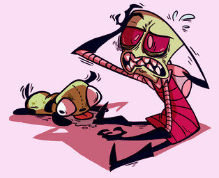 antennae_(anatomy) backpack bodily_fluids clenched_teeth clothing costume dog_costume drooling duo fursuit gloves green_body green_skin handwear male not_furry pak red_eyes saliva simple_background sitting sweat sweatdrop teeth unknown_artist invader_zim nickelodeon gir_(invader_zim) zim_(invader_zim) alien alien_humanoid humanoid irken