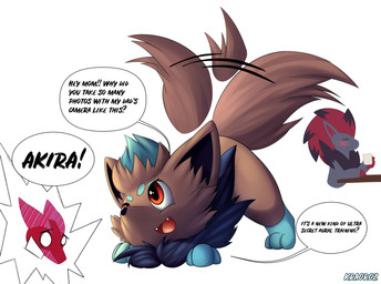 ambiguous_gender anthro ass_up blush brown_body brown_fur dialogue feral fur group play_bow pose simple_background tail tail_motion tailwag text trio kraorozkurogane nintendo pokemon generation_4_pokemon generation_5_pokemon lucario pokemon_(species) zoroark zorua english_text hi_res