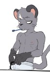 anthro brush clothed clothing male simple_background solo toothbrush toothbrush_in_mouth topless topless_male whiskers white_background ahseo gelato_(latotabo) mammal murid murine rat rodent hi_res