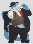 anthro blue_body bottomwear clothing hat headgear headwear humanoid_hands kemono male necktie one_eye_closed overweight overweight_anthro overweight_male pants shirt simple_background solo topwear wink bluewhale127 cetacean mammal marine 2020 3:4 hi_res