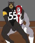 anthro clothing duo ear_piercing facial_hair football_jersey hair jockstrap looking_at_viewer male muscular muscular_anthro muscular_male piercing red_hair smile underwear hunterramirez nfl pittsburgh_steelers bear felid lion mammal pantherine hi_res