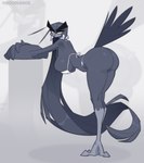 anthro beak bent_over big_breasts big_butt bikini bikini_bottom bikini_thong bikini_top black_body black_feathers black_hair bottomwear breasts butt choker cleavage clothed clothing crossed_arms ear_piercing ear_ring eyelashes feathers feet female hair hanging_breasts jewelry legs_together long_hair looking_at_viewer looking_back necklace panties piercing presenting presenting_hindquarters ring_piercing side_boob side_view simple_background solo swimwear tail tail_feathers talons text thick_thighs toes two-piece_swimsuit under_boob underwear white_clothing white_underwear wide_hips winged_arms wings yellow_eyes doodledox ryz_harlok avian bird 2024 digital_media_(artwork) english_description english_text full-length_portrait hi_res portrait signature