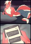 anthro axis_(character) bed cellphone clothed clothing comic dragon electronics english_text furniture hair hi_res horn male mythological_creature mythological_scalie mythology on_bed phone pillow reptile scalie smile solo tail tanks_(artist) teil text topless