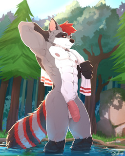 abs anthro balls casual_nudity countershading day flaccid foreskin forest fur genitals gloves_(marking) grey_body grey_fur hair half-closed_eyes humanoid_genitalia humanoid_penis looking_at_viewer male markings muscular muscular_male narrowed_eyes navel nipples nude outside penis pink_nipples pink_penis plant red_eyes red_hair skinny_dipping solo towel tree unretracted_foreskin vein veiny_penis water whiskers white_body white_fur pache_riggs drax_(draxraccoon) mammal procyonid raccoon 4:5 absurd_res hi_res