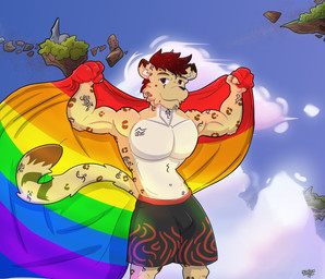 anthro arm_tattoo bulge facial_tattoo flag hair lgbt_pride male markings muscular muscular_anthro muscular_male pride_color_flag pride_colors rainbow red_eyes red_hair solo spots striped_markings striped_tail stripes symbol tail tail_markings tattoo nohum lgbt_pride_month nohum_(nohum) amur_leopard felid leopard mammal pantherine persian_leopard absurd_res hi_res