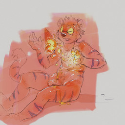 anthro arm_tuft balls barely_visible_balls barely_visible_genitalia biped cheek_tuft dessert elbow_tuft eyewear facial_tuft food foreskin fur genitals glans glasses hair half-erect humanoid_genitalia humanoid_penis ice_cream inner_ear_fluff magic male markings messy navel nude open_mouth penis rectangular_glasses short_hair shoulder_tuft simple_background sitting solo striped_arms striped_body striped_fur striped_legs striped_markings striped_tail stripes tail tail_markings three-quarter_view tuft oselotti felid mammal pantherine tiger 1:1 absurd_res colored_sketch hi_res restricted_palette signature sketch
