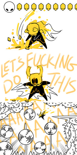 aaaaa bandage black_body breaking cape clothing eating eating_food food food_covered food_jar gameplay_mechanics honey_(food) honey_covered honey_dipper honey_jar honey_pot melee_weapon obstructed_eye plant polearm profanity screaming spear thorns vines weapon white_body thecornermushroom hollow_knight_(franchise) team_cherry hollow_knight_(character) hornet_(hollow_knight) the_knight_(hollow_knight) 2020 absurd_res black_and_white comic hi_res letterbox monochrome unavailable_at_source