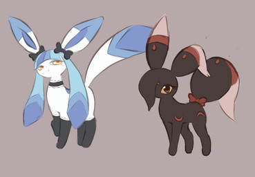 alternative_fashion bangs black_body black_fur clothed clothing duo female feral fur goth grey_background ribbons simple_background clockstops3am conditional_dnp nintendo pokemon eglantine_(labbit) venus_(labbit) eeveelution generation_2_pokemon generation_4_pokemon glaceon pokemon_(species) umbreon hi_res