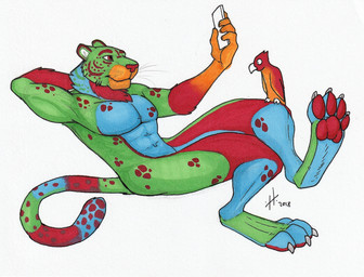 ambiguous_feral ambiguous_gender anthro blue_body blue_fur duo electronics facial_spots feral fur green_body green_fur holding_object holding_phone male male_anthro markings mouth_closed muscular muscular_anthro muscular_male nude pecs phone reclining red_body red_eyes red_fur simple_background solo spots spotted_arms spotted_body spotted_face spotted_fur spotted_markings spotted_tail tail tail_markings white_background hufnaar avian bird felid mammal parrot 2018 dated hi_res
