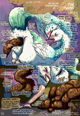 abdominal_bulge animal_genitalia anthro anthro_prey avian_feet beak biped blue_body cloaca disposal feathered_crest feathered_wings feathers feces female female_pred femboy feral feral_pred genitals green_eyes head_crest larger_pred male male_prey organs pink_body pooping scat_disposal size_difference stomach tail tail_feathers text winged_arms wings conditional_dnp foxyoreos gyrotech gyro_feather sviri_and_vaelhen avian bird galliform peafowl phasianid absurd_res comic english_text hi_res