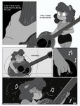 anthro bottomwear clothed clothing comic cricetid english_text female guitar hamster hi_res mammal monochrome musical_instrument nimzy noms_(nimzy) plucked_string_instrument rodent shirt skirt solo string_instrument text topwear