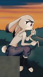 anthro bandage bottomwear clothing dipstick_ears ear_markings female footwear fur grey_body grey_fur multicolored_ears outside pants purple_eyes shirt sitting solo tank_top toeless_footwear topwear bubblecop disney zootopia judy_hopps lagomorph leporid mammal rabbit hi_res