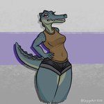 anthro bottomwear breasts clothed clothing eyelashes female green_body hands_on_hips looking_at_viewer navel_outline red_eyes scales sharp_teeth shirt shorts simple_background solo tail tank_top teeth topwear yellow_clothing cayugo alligator alligatorid crocodilian reptile scalie 1:1 2023 digital_media_(artwork) hi_res