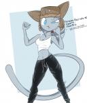 angry anthro blue_eyes breasts cleavage clothed clothing dialogue female fist fur furgonomics hair hat headgear headwear midriff ponytail russia russian shirt simple_background solo standing tank_top teeth text topwear ushanka raydio slavcat domestic_cat felid feline felis mammal russian_blue 2018 digital_media_(artwork) english_text hi_res russian_text