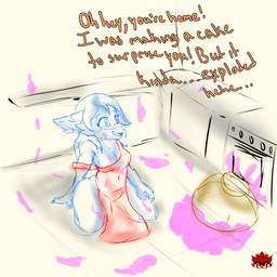 anthro appliance apron apron_only breasts cake_batter_on_face cleavage clothed clothing dialogue dropped_food dropping_object female hair kitchen logo long_hair looking_at_another messy_fur messy_room sitting sitting_on_ground slim solo speaking_to_another stove text thick_thighs wide_hips sinisterslyfox canid canine fox mammal 1:1 digital_drawing_(artwork) digital_media_(artwork) english_description english_text hi_res shaded sketch