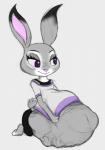 anthro belly big_belly female female_pred fur grey_background grey_body grey_fur hand_imprint imprint midriff navel oral_vore simple_background vore white_background carnivorousvixen disney zootopia judy_hopps lagomorph leporid mammal rabbit hi_res